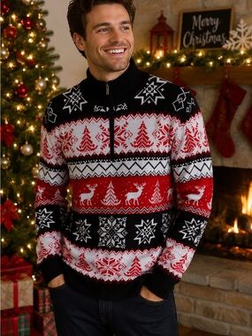 Men's Black, Red & White Holiday Fair Isle Zip-Up Sweater - (Brand)